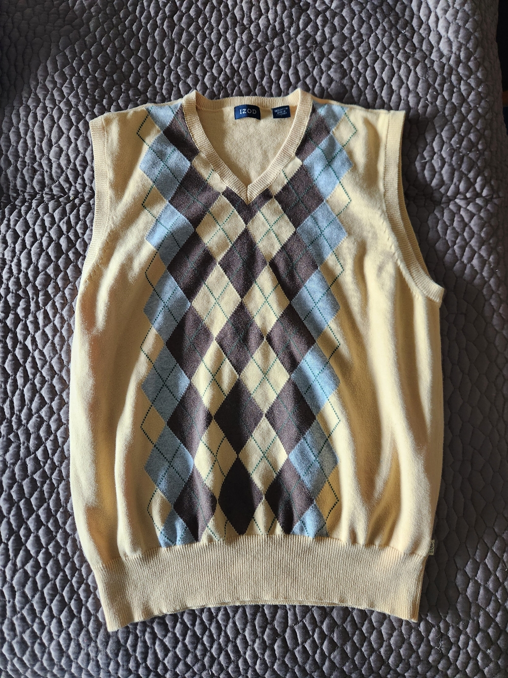 Izod Yellow V-Neck Argyle Sweater Vest with Blue and Brown